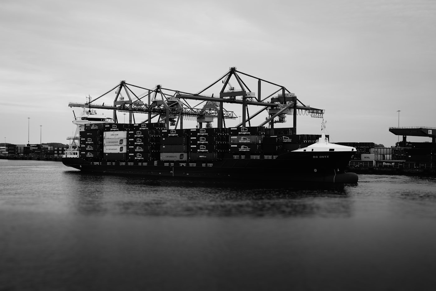 Container ship loaded with cargo at harbor